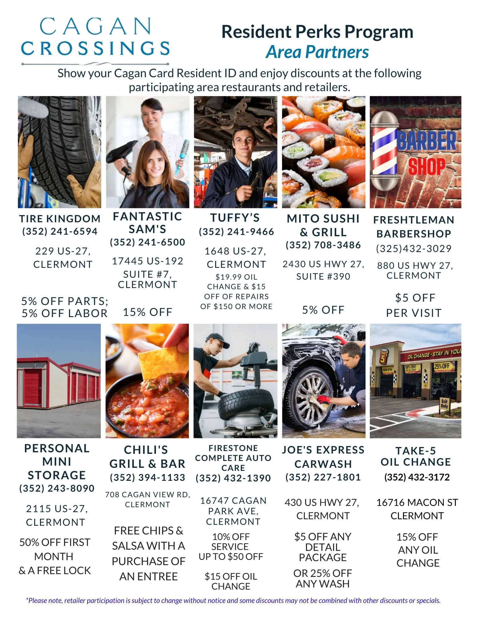 Cagan Crossings Resident Perks Program Area Partners flyer